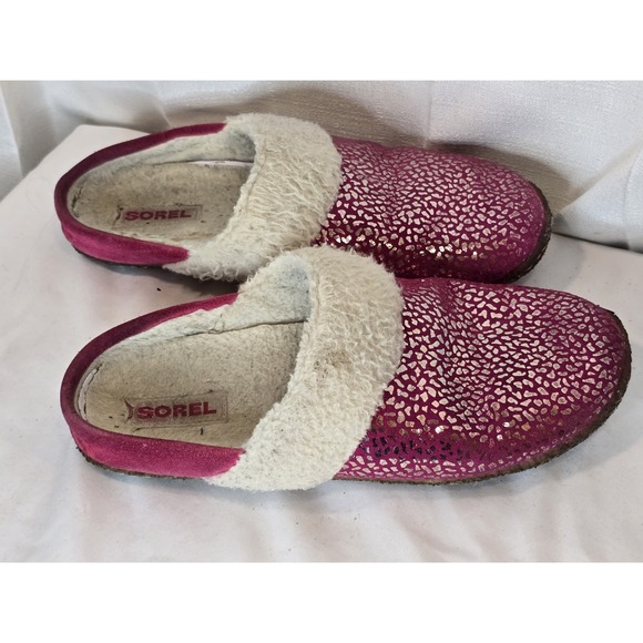 Sorel Pink Silver Metallic Sherpa lined WARM gum grip slippers size 7 - Picture 1 of 7